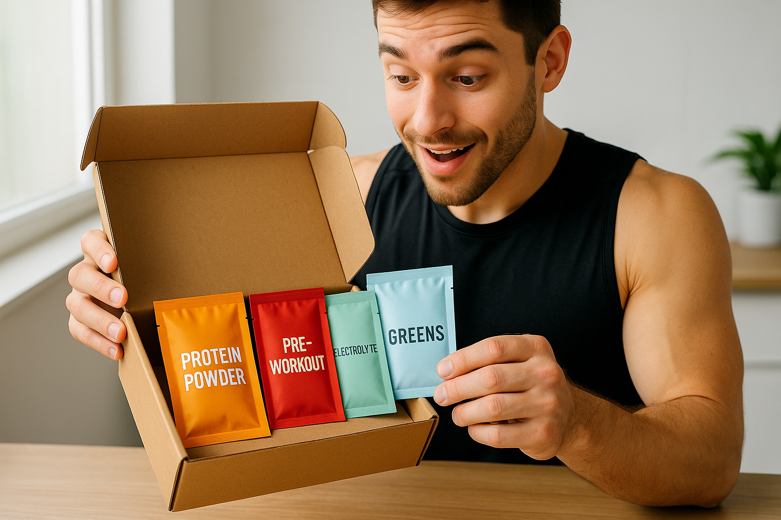 Man opening a mailer box of single serving samples of workout related supplements: Protein Powder, Pre-Workout, Electrolyte, Greens